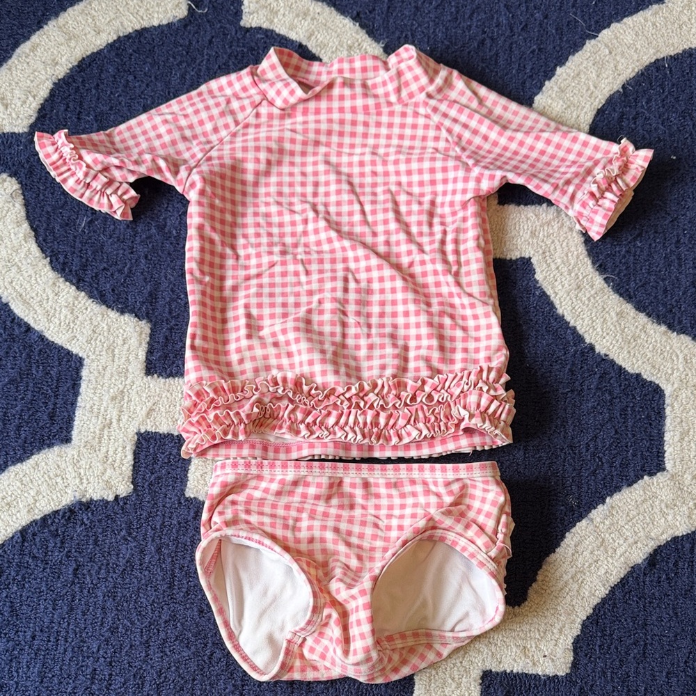 Ruffle Butts Pink Gingham Kids Rashguard Set